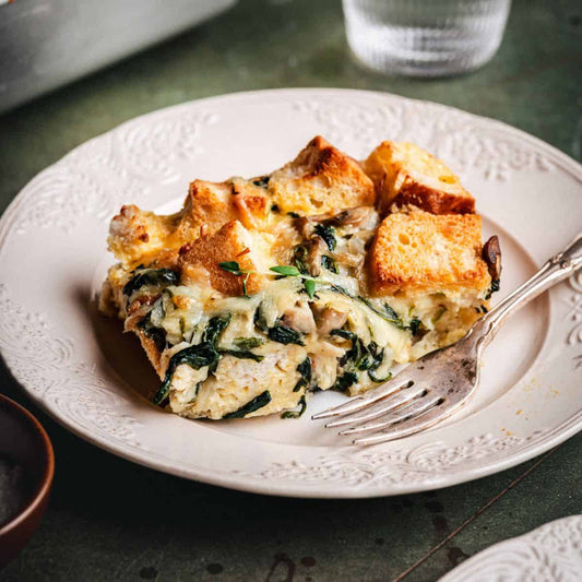 Mushroom and caramelized onion savory sourdough bread pudding